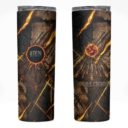 Aten Skinny Tumbler Ancient Egyptian Cracked Stone Hieroglyph, Solar Eclipse Emblem, and Radiant Sunburst - African Pride