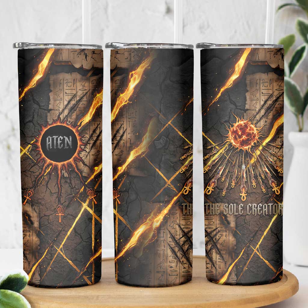 Aten Skinny Tumbler Ancient Egyptian Cracked Stone Hieroglyph, Solar Eclipse Emblem, and Radiant Sunburst - African Pride