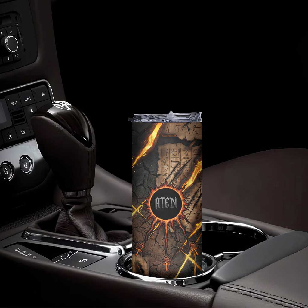 Aten Skinny Tumbler Ancient Egyptian Cracked Stone Hieroglyph, Solar Eclipse Emblem, and Radiant Sunburst - African Pride
