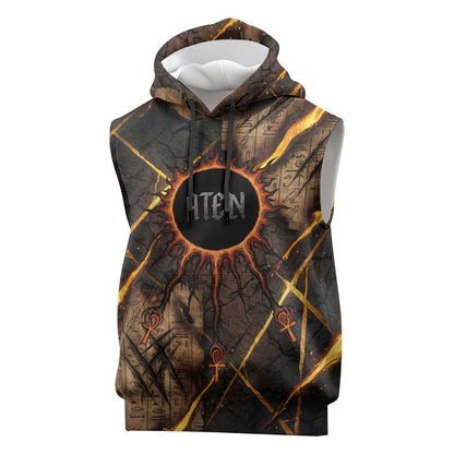 Aten Sleeveless Hoodie Ancient Egyptian Cracked Stone Hieroglyph, Solar Eclipse Emblem, and Radiant Sunburst - African Pride
