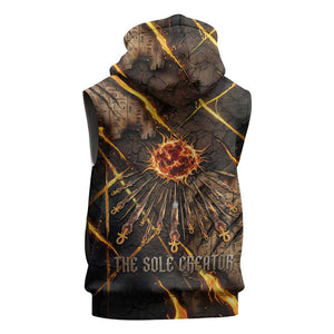 Aten Sleeveless Hoodie Ancient Egyptian Cracked Stone Hieroglyph, Solar Eclipse Emblem, and Radiant Sunburst - African Pride