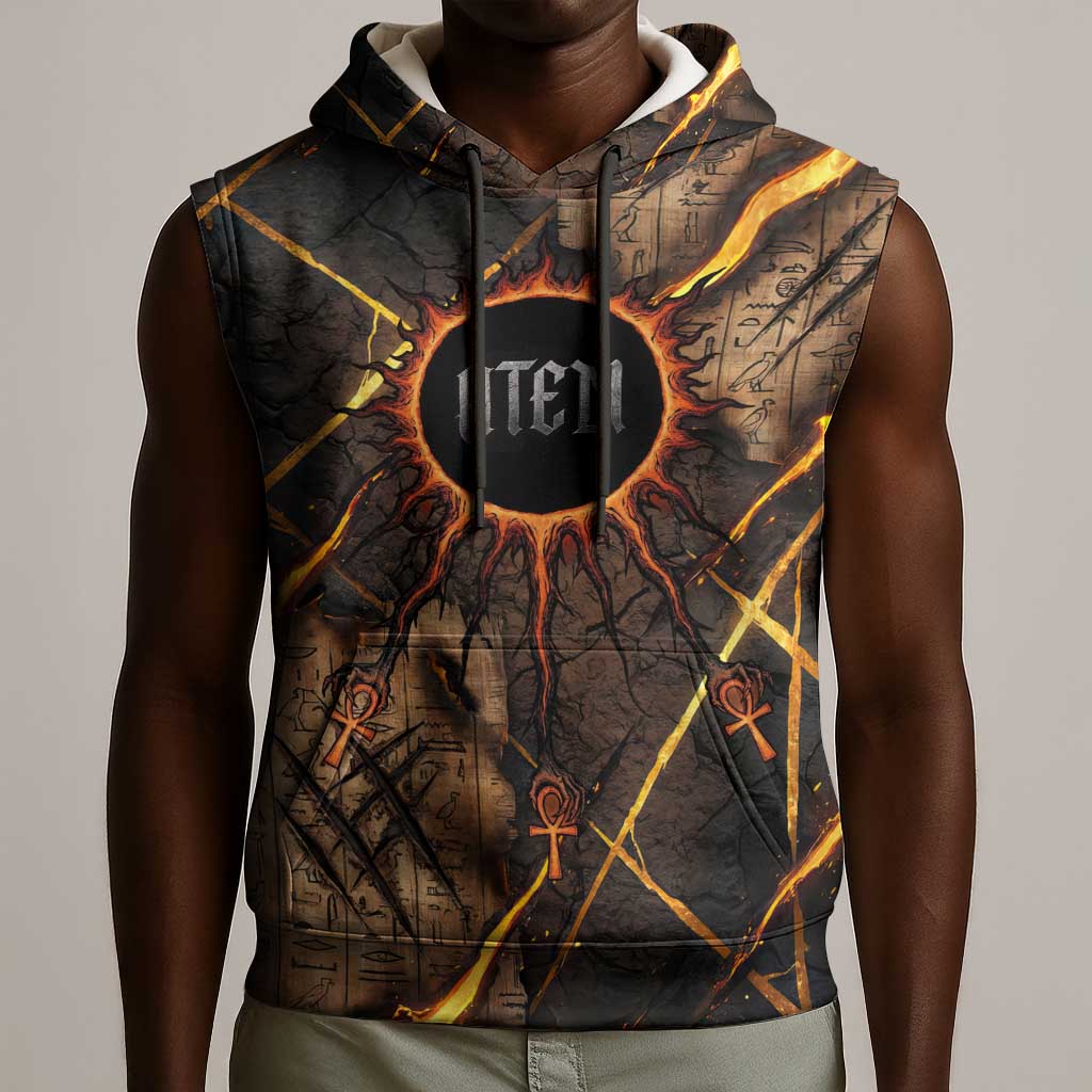 Aten Sleeveless Hoodie Ancient Egyptian Cracked Stone Hieroglyph, Solar Eclipse Emblem, and Radiant Sunburst - African Pride