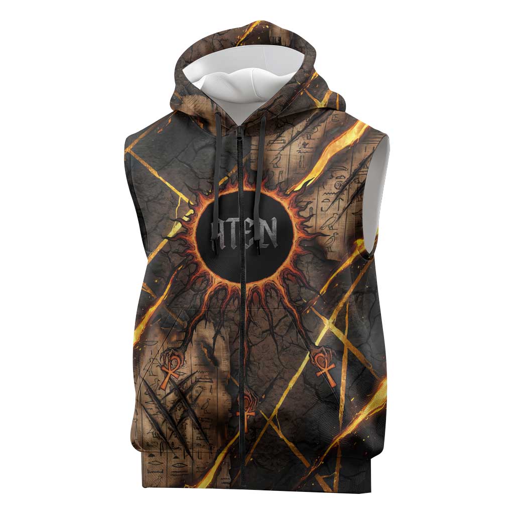 Aten Sleeveless Zip Hoodie Ancient Egyptian Cracked Stone Hieroglyph, Solar Eclipse Emblem, and Radiant Sunburst - African Pride