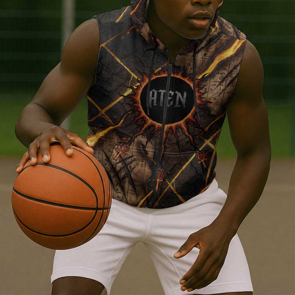 Aten Sleeveless Zip Hoodie Ancient Egyptian Cracked Stone Hieroglyph, Solar Eclipse Emblem, and Radiant Sunburst - African Pride