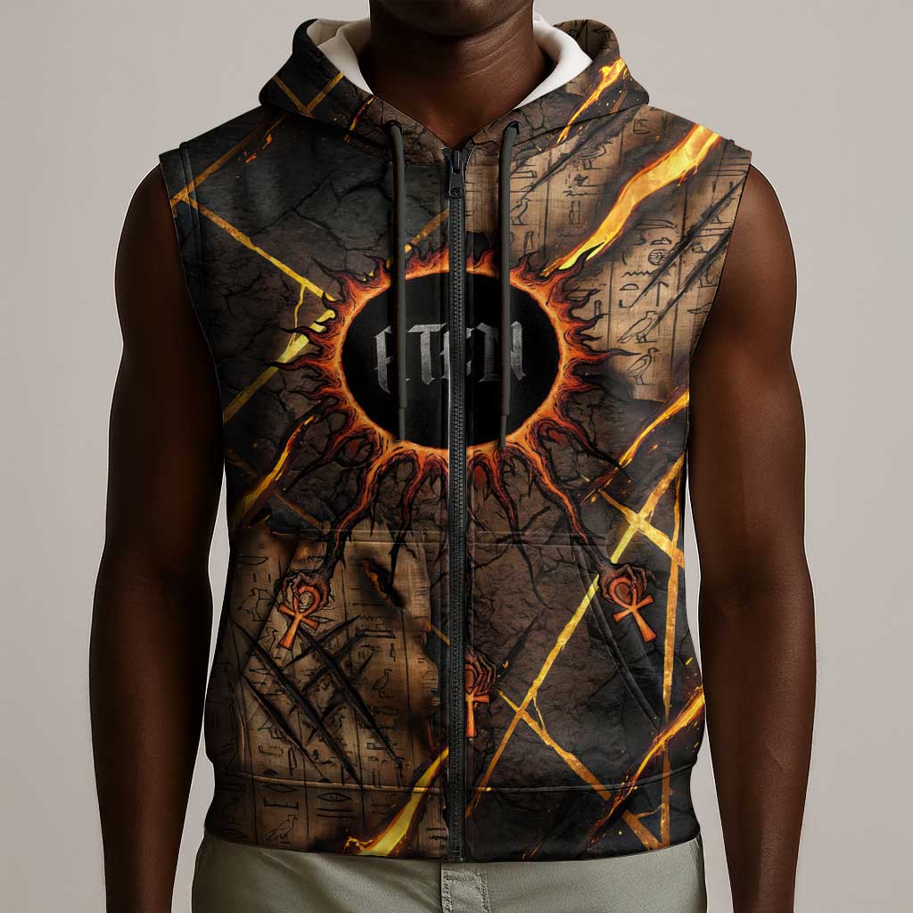 Aten Sleeveless Zip Hoodie Ancient Egyptian Cracked Stone Hieroglyph, Solar Eclipse Emblem, and Radiant Sunburst - African Pride