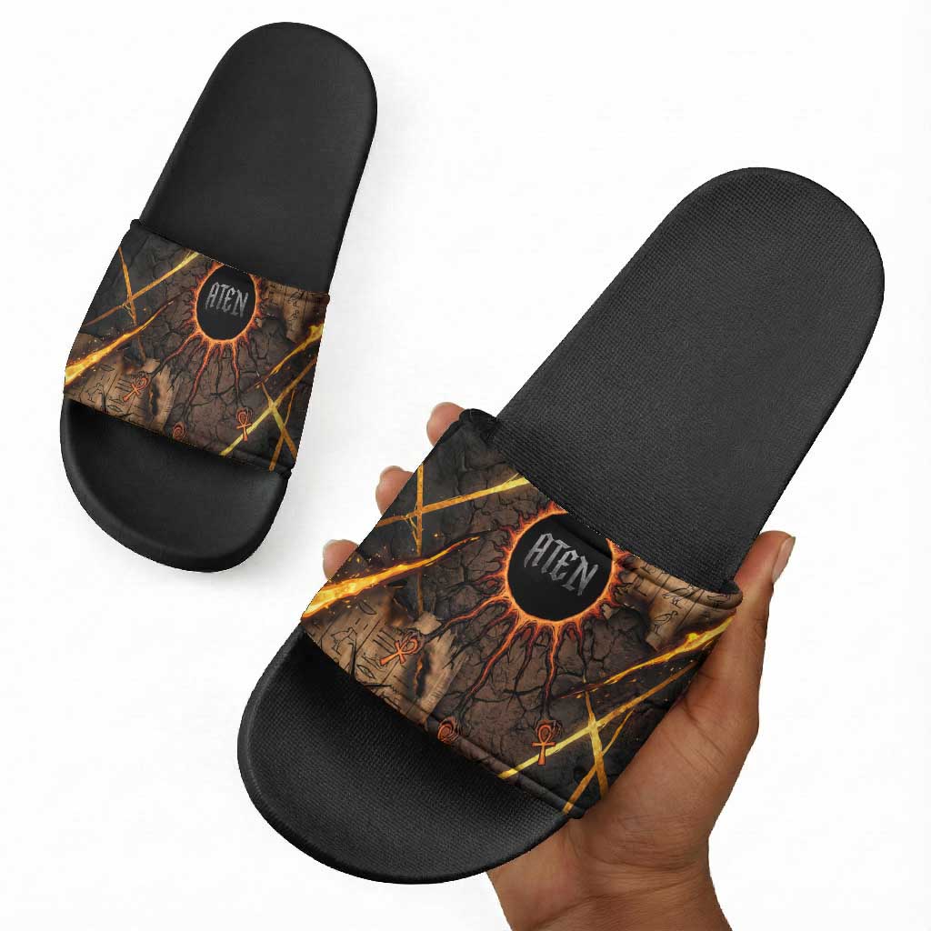 Aten Slide Sandals Ancient Egyptian Cracked Stone Hieroglyph, Solar Eclipse Emblem, and Radiant Sunburst - African Pride