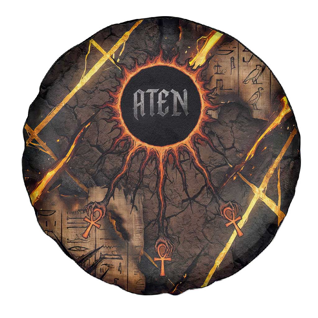Aten Spare Tire Cover Ancient Egyptian Cracked Stone Hieroglyph, Solar Eclipse Emblem, and Radiant Sunburst - African Pride