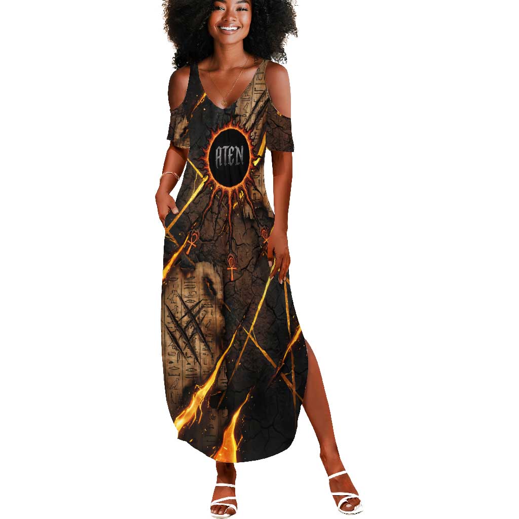 Aten Summer Maxi Dress Ancient Egyptian Cracked Stone Hieroglyph, Solar Eclipse Emblem, and Radiant Sunburst - African Pride