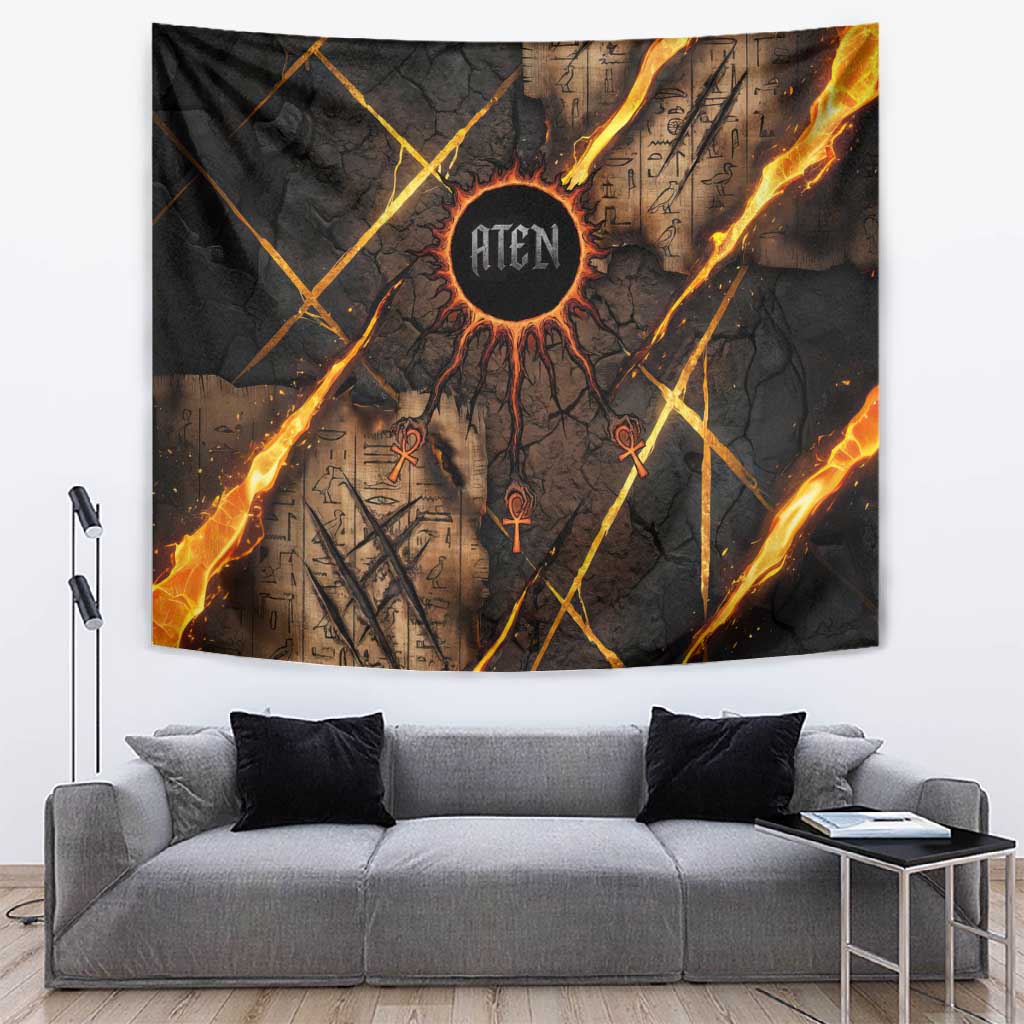 Aten Tapestry Ancient Egyptian Cracked Stone Hieroglyph, Solar Eclipse Emblem, and Radiant Sunburst - African Pride