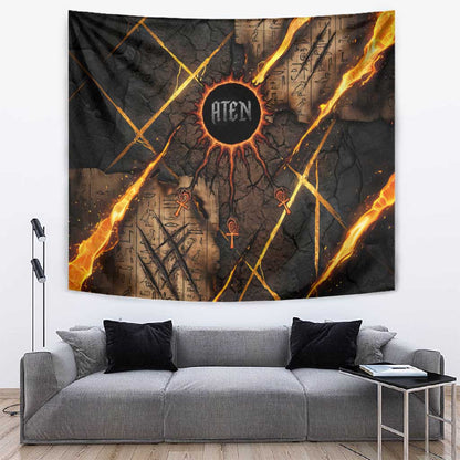 Aten Tapestry Ancient Egyptian Cracked Stone Hieroglyph, Solar Eclipse Emblem, and Radiant Sunburst - African Pride