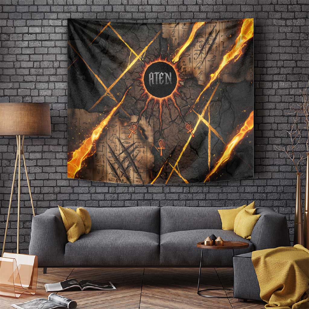 Aten Tapestry Ancient Egyptian Cracked Stone Hieroglyph, Solar Eclipse Emblem, and Radiant Sunburst - African Pride