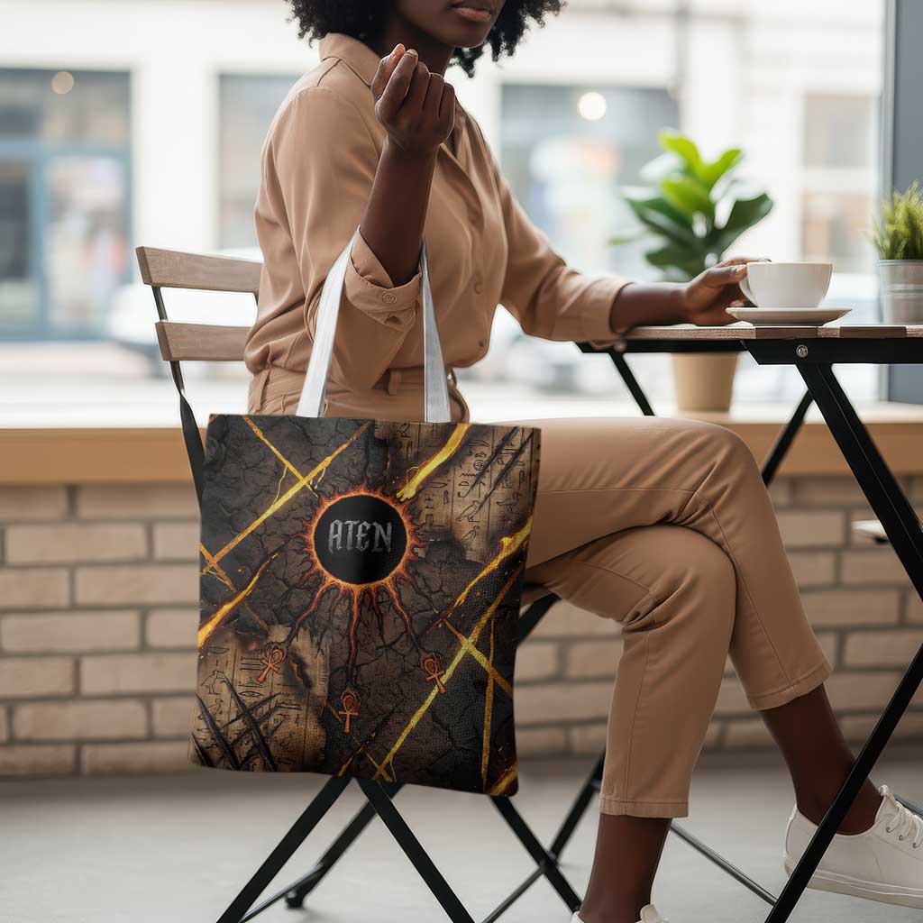 Aten Tote Bag Ancient Egyptian Cracked Stone Hieroglyph, Solar Eclipse Emblem, and Radiant Sunburst - African Pride