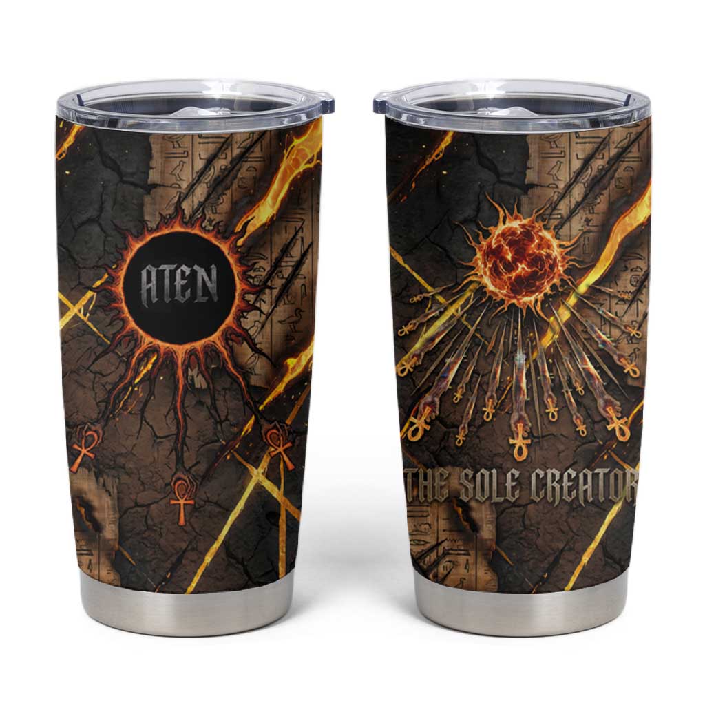 Aten Tumbler Cup Ancient Egyptian Cracked Stone Hieroglyph, Solar Eclipse Emblem, and Radiant Sunburst - African Pride