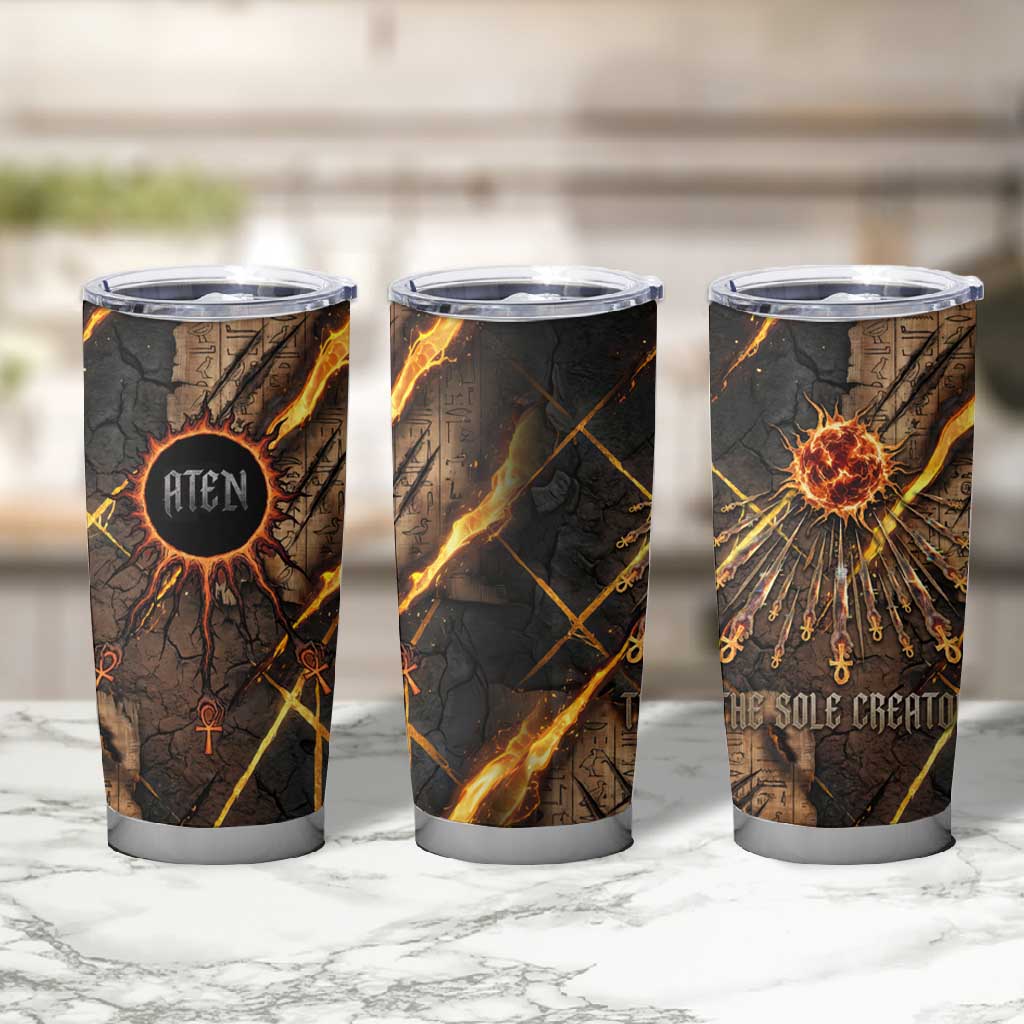 Aten Tumbler Cup Ancient Egyptian Cracked Stone Hieroglyph, Solar Eclipse Emblem, and Radiant Sunburst - African Pride