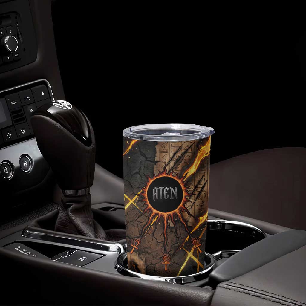 Aten Tumbler Cup Ancient Egyptian Cracked Stone Hieroglyph, Solar Eclipse Emblem, and Radiant Sunburst - African Pride