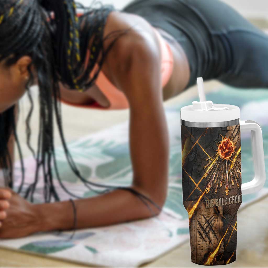 Aten Tumbler With Handle Ancient Egyptian Cracked Stone Hieroglyph, Solar Eclipse Emblem, and Radiant Sunburst - African Pride