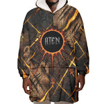 Aten Wearable Blanket Hoodie Ancient Egyptian Cracked Stone Hieroglyph, Solar Eclipse Emblem, and Radiant Sunburst - African Pride