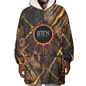 Aten Wearable Blanket Hoodie Ancient Egyptian Cracked Stone Hieroglyph, Solar Eclipse Emblem, and Radiant Sunburst - African Pride