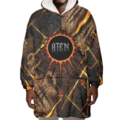 Aten Wearable Blanket Hoodie Ancient Egyptian Cracked Stone Hieroglyph, Solar Eclipse Emblem, and Radiant Sunburst - African Pride