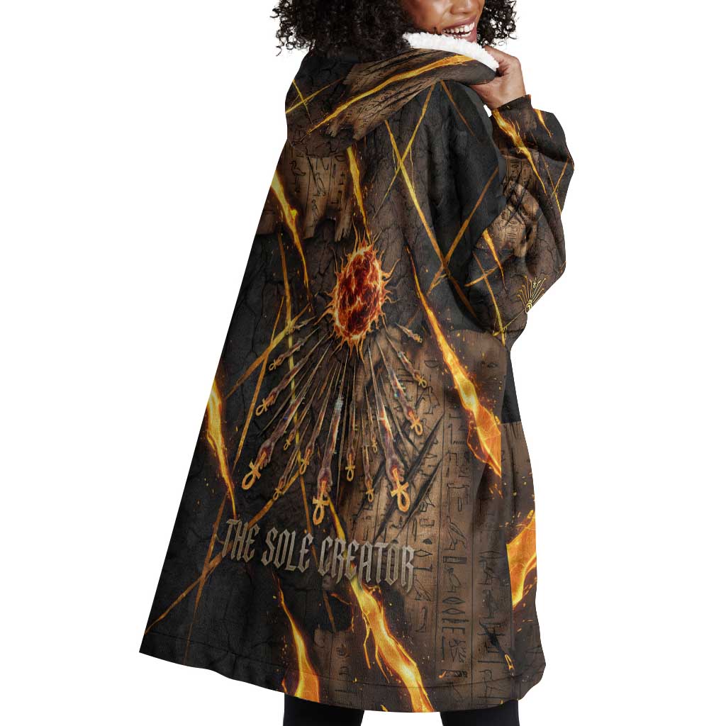 Aten Wearable Blanket Hoodie Ancient Egyptian Cracked Stone Hieroglyph, Solar Eclipse Emblem, and Radiant Sunburst - African Pride