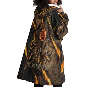 Aten Wearable Blanket Hoodie Ancient Egyptian Cracked Stone Hieroglyph, Solar Eclipse Emblem, and Radiant Sunburst - African Pride