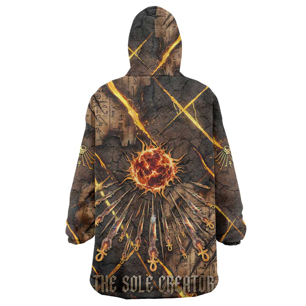 Aten Wearable Blanket Hoodie Ancient Egyptian Cracked Stone Hieroglyph, Solar Eclipse Emblem, and Radiant Sunburst - African Pride