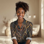 Aten Women Casual Shirt Ancient Egyptian Cracked Stone Hieroglyph, Solar Eclipse Emblem, and Radiant Sunburst - African Pride