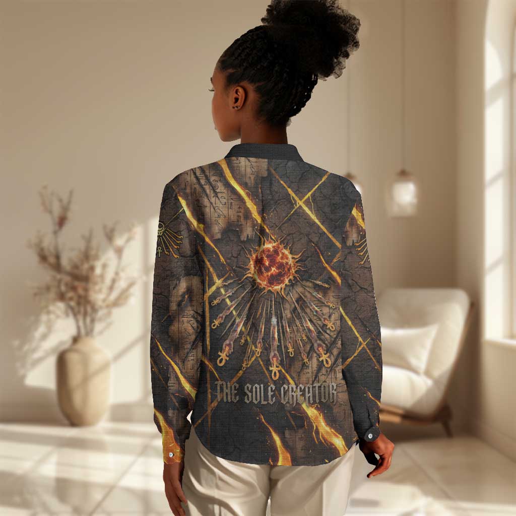Aten Women Casual Shirt Ancient Egyptian Cracked Stone Hieroglyph, Solar Eclipse Emblem, and Radiant Sunburst - African Pride