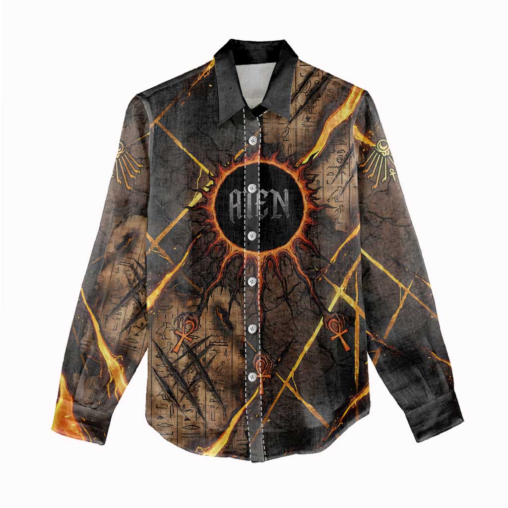 Aten Women Casual Shirt Ancient Egyptian Cracked Stone Hieroglyph, Solar Eclipse Emblem, and Radiant Sunburst - African Pride
