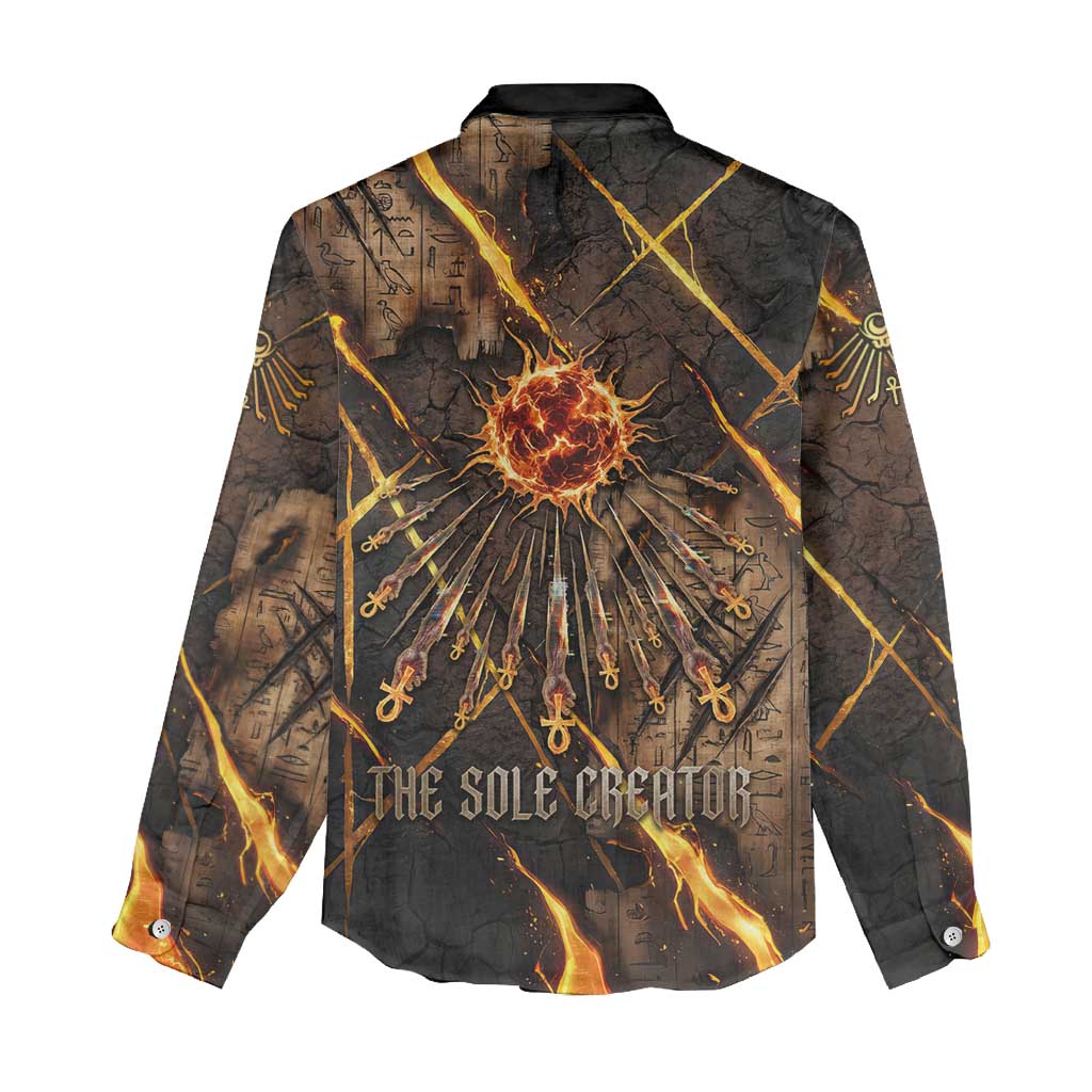 Aten Women Casual Shirt Ancient Egyptian Cracked Stone Hieroglyph, Solar Eclipse Emblem, and Radiant Sunburst - African Pride