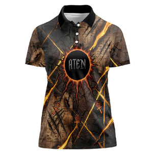 Aten Women Polo Shirt Ancient Egyptian Cracked Stone Hieroglyph, Solar Eclipse Emblem, and Radiant Sunburst - African Pride