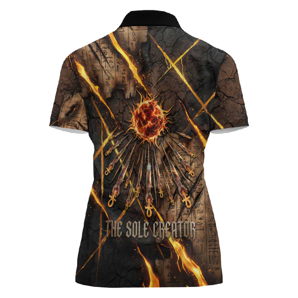 Aten Women Polo Shirt Ancient Egyptian Cracked Stone Hieroglyph, Solar Eclipse Emblem, and Radiant Sunburst - African Pride