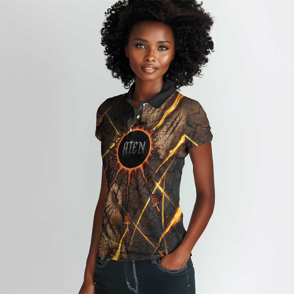 Aten Women Polo Shirt Ancient Egyptian Cracked Stone Hieroglyph, Solar Eclipse Emblem, and Radiant Sunburst - African Pride
