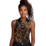 Aten Women Sleeveless Polo Shirt Ancient Egyptian Cracked Stone Hieroglyph, Solar Eclipse Emblem, and Radiant Sunburst - African Pride