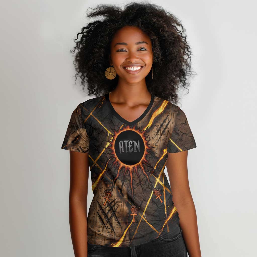 Aten Women V-Neck T-Shirt Ancient Egyptian Cracked Stone Hieroglyph, Solar Eclipse Emblem, and Radiant Sunburst - African Pride