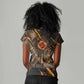 Aten Women V-Neck T-Shirt Ancient Egyptian Cracked Stone Hieroglyph, Solar Eclipse Emblem, and Radiant Sunburst - African Pride