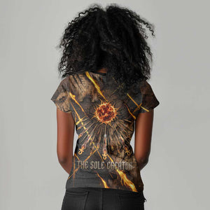Aten Women V-Neck T-Shirt Ancient Egyptian Cracked Stone Hieroglyph, Solar Eclipse Emblem, and Radiant Sunburst - African Pride