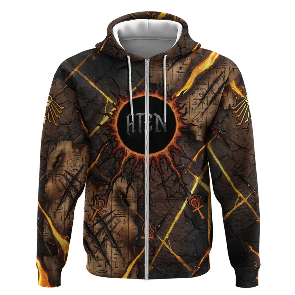 Aten Zip Hoodie Ancient Egyptian Cracked Stone Hieroglyph, Solar Eclipse Emblem, and Radiant Sunburst - African Pride