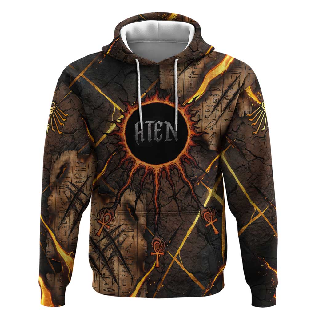 Aten Zip Hoodie Ancient Egyptian Cracked Stone Hieroglyph, Solar Eclipse Emblem, and Radiant Sunburst - African Pride
