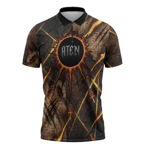 Aten Zipper Polo Shirt Ancient Egyptian Cracked Stone Hieroglyph, Solar Eclipse Emblem, and Radiant Sunburst - African Pride
