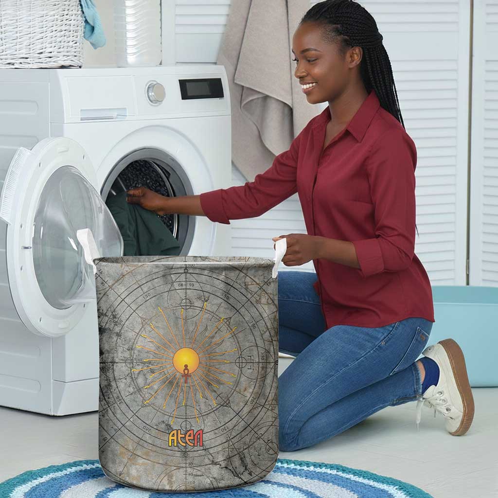Aten Ancient Egyptian Laundry Basket with Gray Astronomical Chart, Radiant Sun Disc Emblem, and Ankh - African Pride