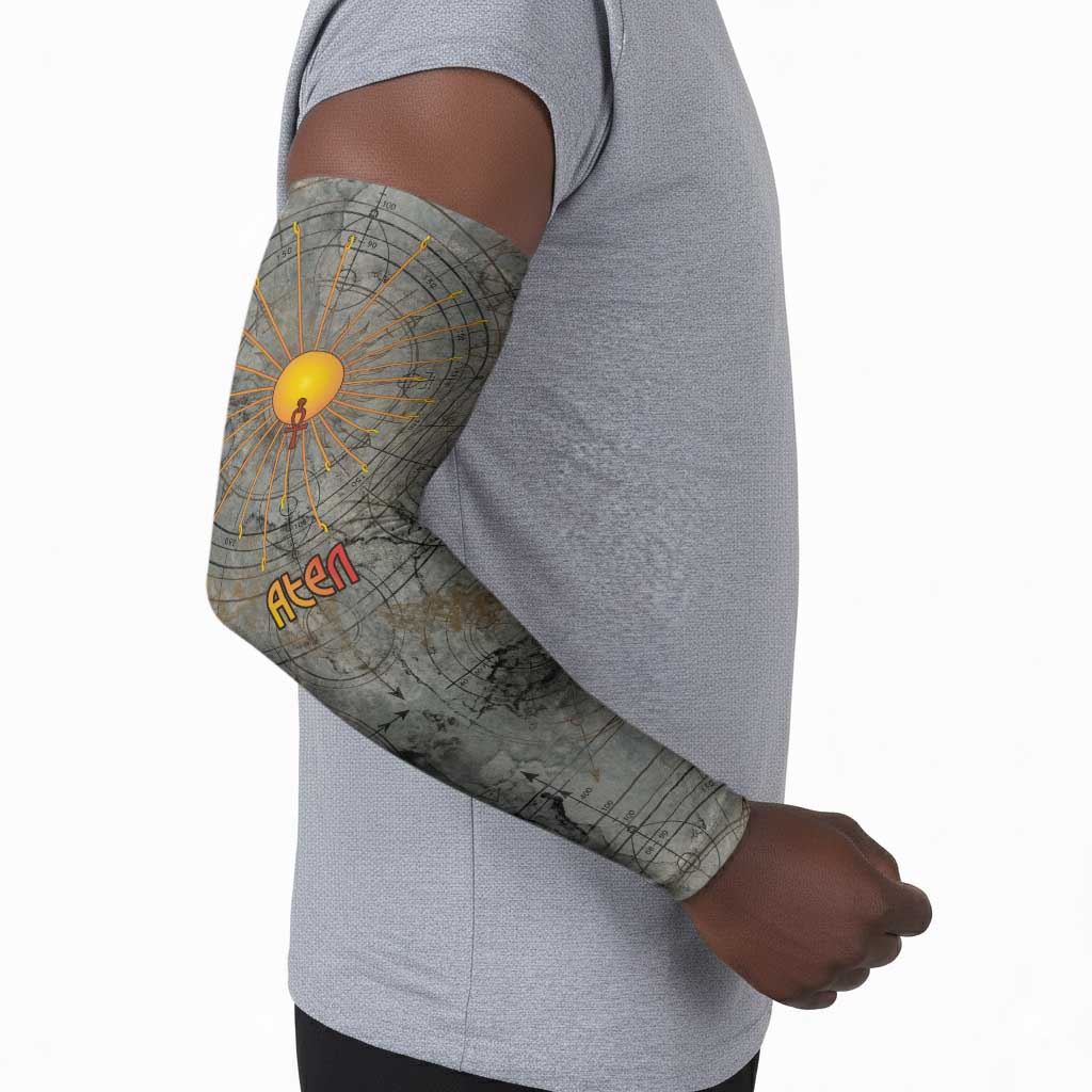Aten Ancient Egyptian Arm Sleeves with Gray Astronomical Chart, Radiant Sun Disc Emblem, and Ankh - African Pride