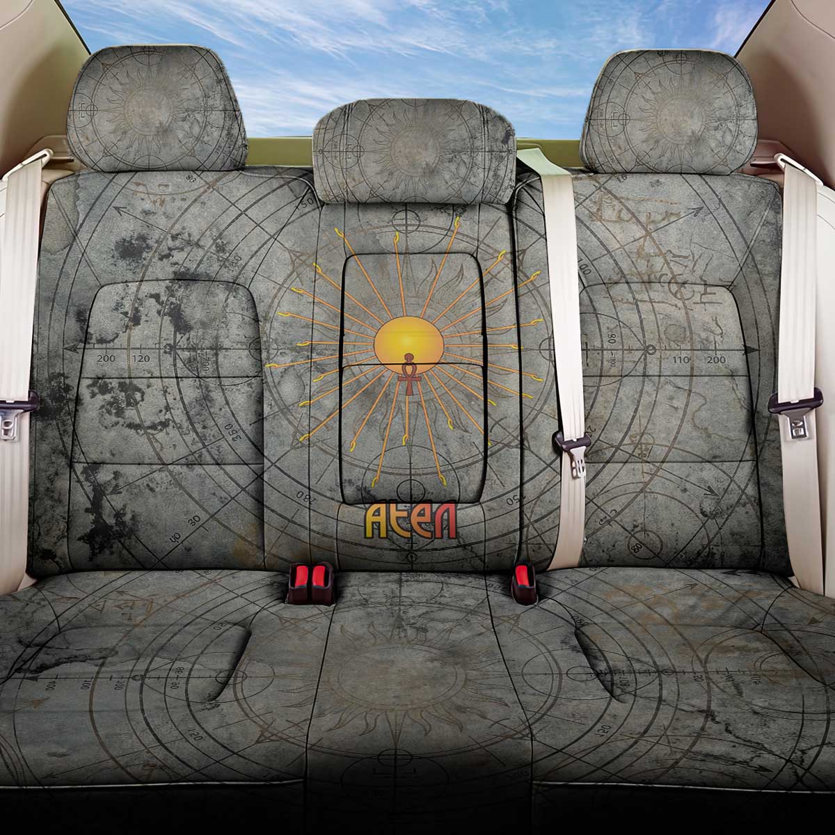 Aten Ancient Egyptian Back Car Seat Cover with Gray Astronomical Chart, Radiant Sun Disc Emblem, and Ankh - African Pride