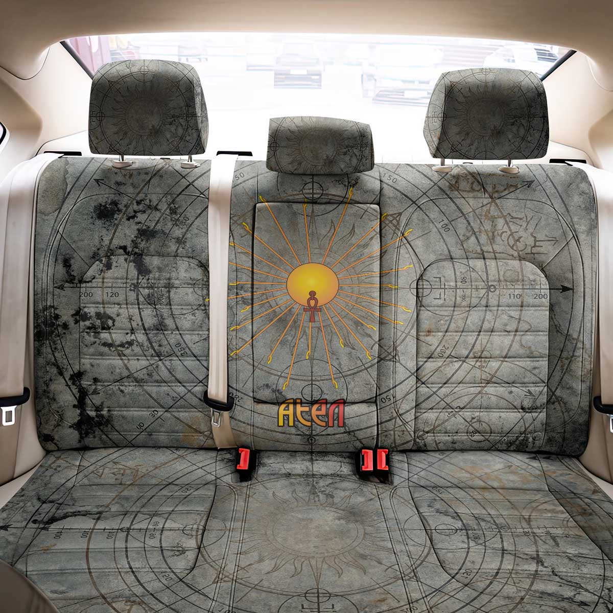 Aten Ancient Egyptian Back Car Seat Cover with Gray Astronomical Chart, Radiant Sun Disc Emblem, and Ankh - African Pride