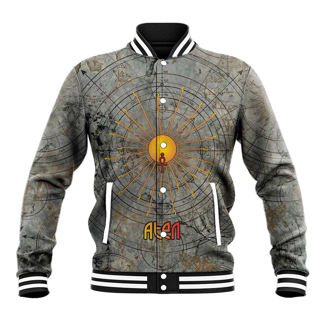 Aten Ancient Egyptian Baseball Jacket with Gray Astronomical Chart, Radiant Sun Disc Emblem, and Ankh - African Pride