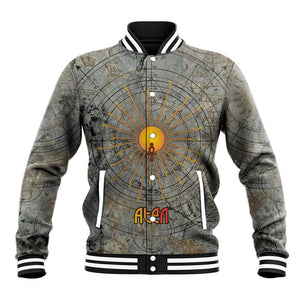 Aten Ancient Egyptian Baseball Jacket with Gray Astronomical Chart, Radiant Sun Disc Emblem, and Ankh - African Pride