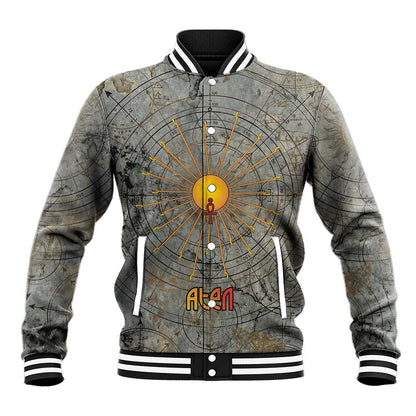 Aten Ancient Egyptian Baseball Jacket with Gray Astronomical Chart, Radiant Sun Disc Emblem, and Ankh - African Pride