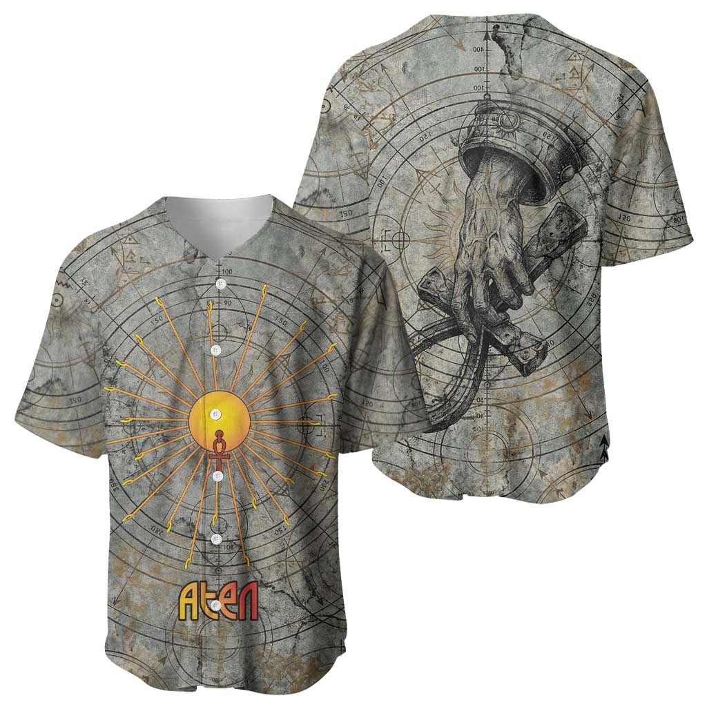 Aten Ancient Egyptian Baseball Jersey with Gray Astronomical Chart, Radiant Sun Disc Emblem, and Ankh - African Pride