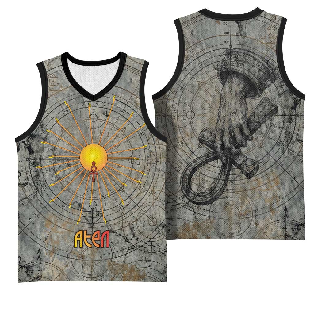 Aten Ancient Egyptian Basketball Jersey with Gray Astronomical Chart, Radiant Sun Disc Emblem, and Ankh - African Pride