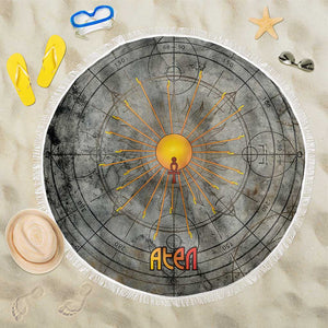 Aten Ancient Egyptian Beach Blanket with Gray Astronomical Chart, Radiant Sun Disc Emblem, and Ankh - African Pride
